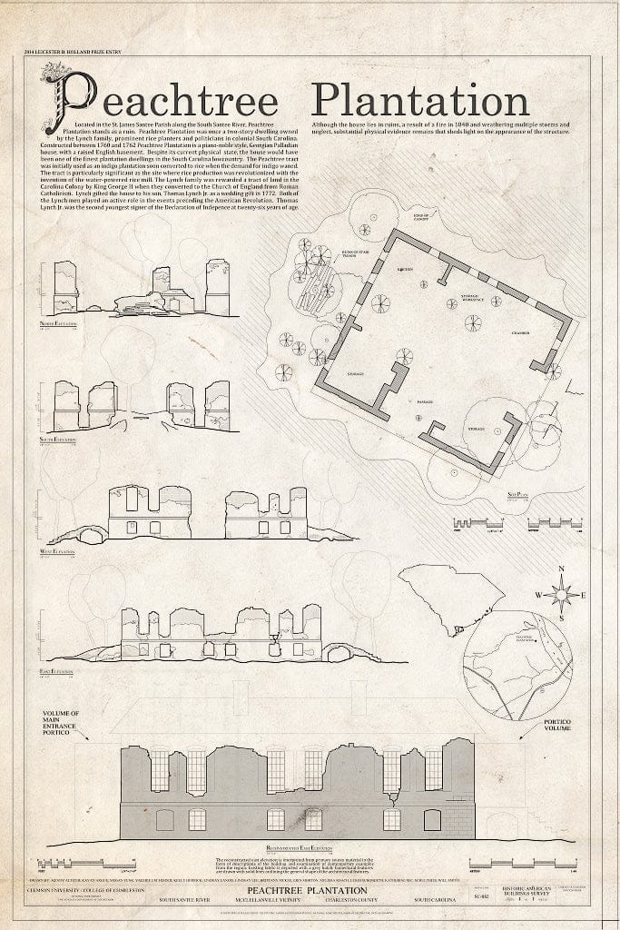 Blueprint Plan, elevations, conjectural Restoration Drawing of Front Facade - Peachtree Plantation, South Santee River, McClellanville, Charleston County, SC