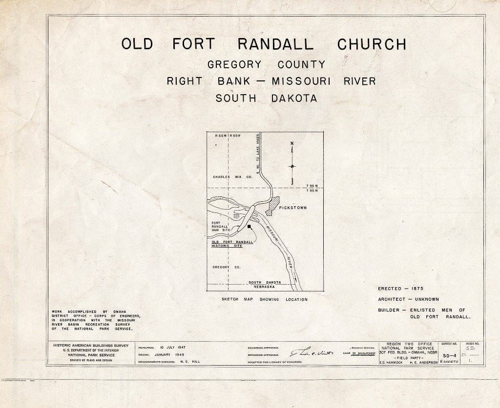 Blueprint HABS SD,27-,1- (Sheet 0 of 11) - Old Fort Randall Church, Right Bank, Missouri River, Pickstown, Charles Mix County, SD