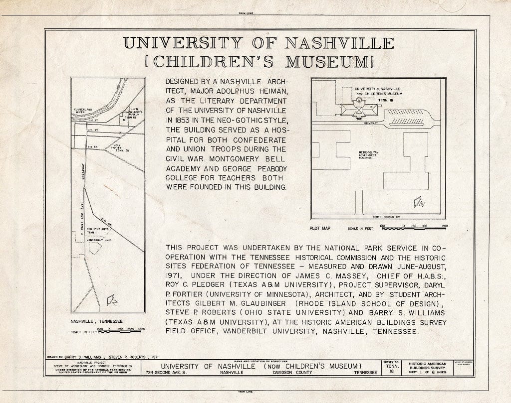 Blueprint HABS Tenn,19-NASH,15A- (Sheet 1 of 6) - University of Nashville, Literary Department Building, 724 Second Avenue, North, Nashville, Davidson County, TN