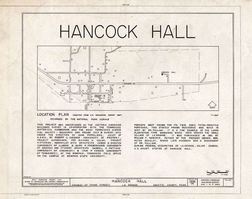 Blueprint HABS Tenn,24-LAGRA,1- (Sheet 1 of 8) - Hancock Hall, Third Street (Highway 57), La Grange, Fayette County, TN