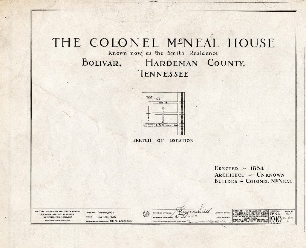 Blueprint HABS Tenn,35-BOL,1- (Sheet 0 of 16) - Colonel McNeal House, Union & Bills Streets, Bolivar, Hardeman County, TN