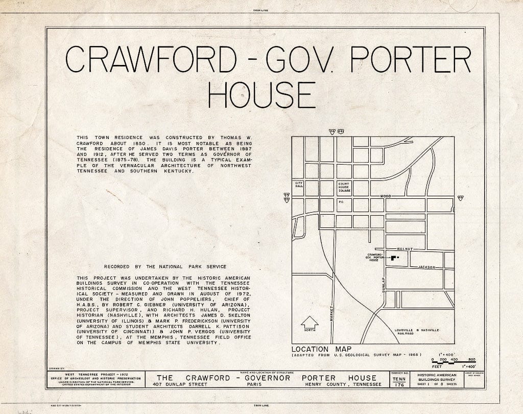 Blueprint HABS Tenn,40-Paris,2- (Sheet 1 of 8) - Crawford-Governor Porter House, 407 Dunlap Street, Paris, Henry County, TN
