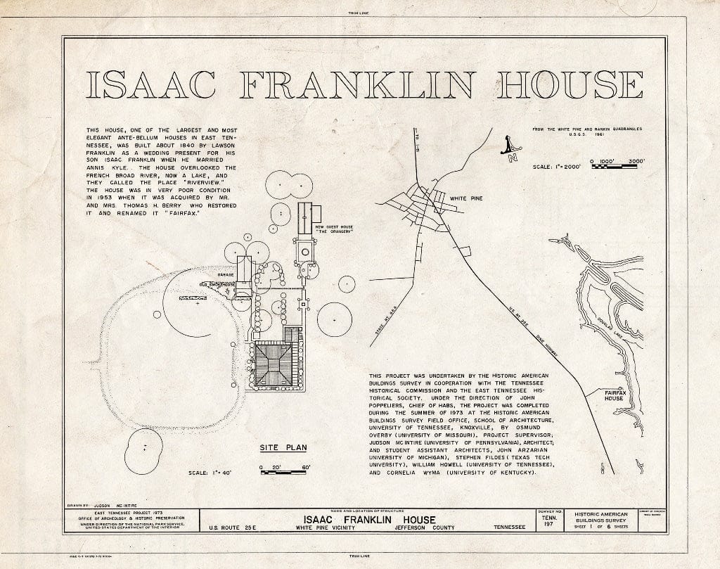 Blueprint HABS Tenn,45-Whip,1- (Sheet 1 of 6) - Isaac Franklin House, U.S. Route 25 East, White Pine, Jefferson County, TN