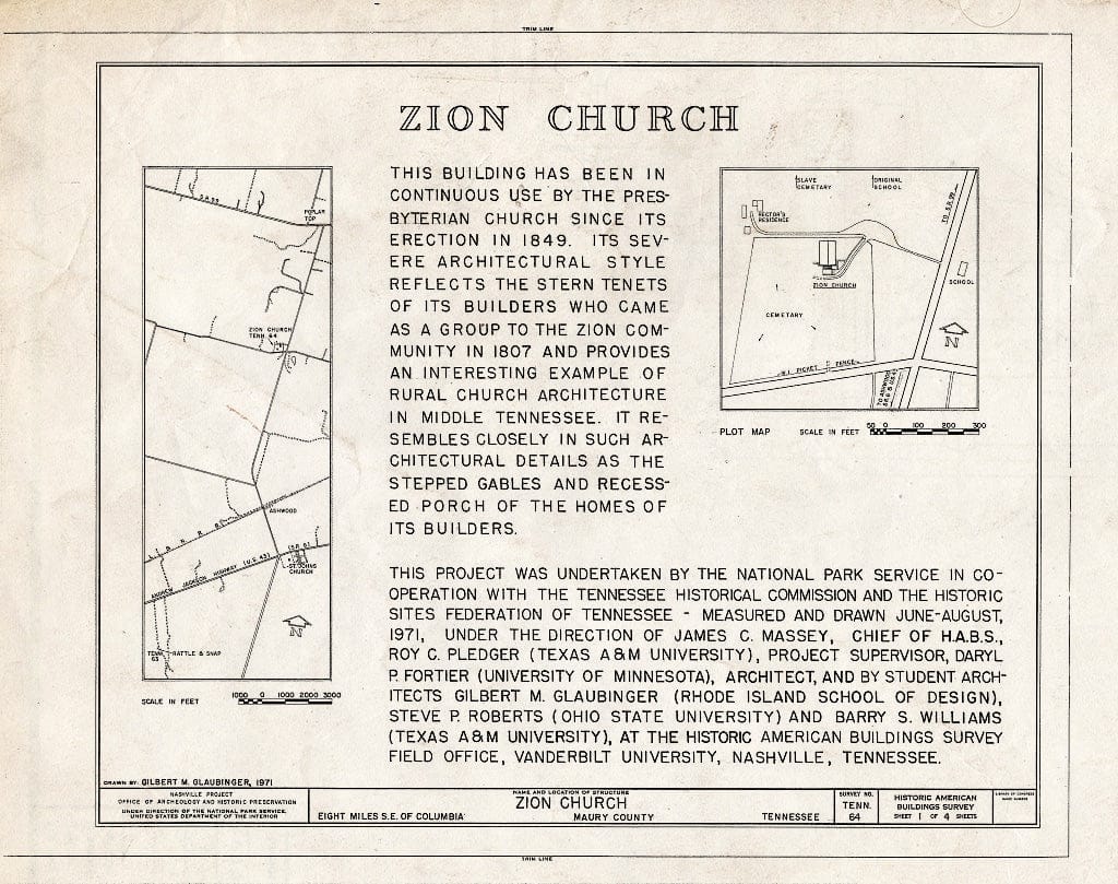 Blueprint HABS Tenn,60-COLUM.V,3- (Sheet 1 of 4) - Zion Church (Presbyterian), State Route 1, Columbia, Maury County, TN