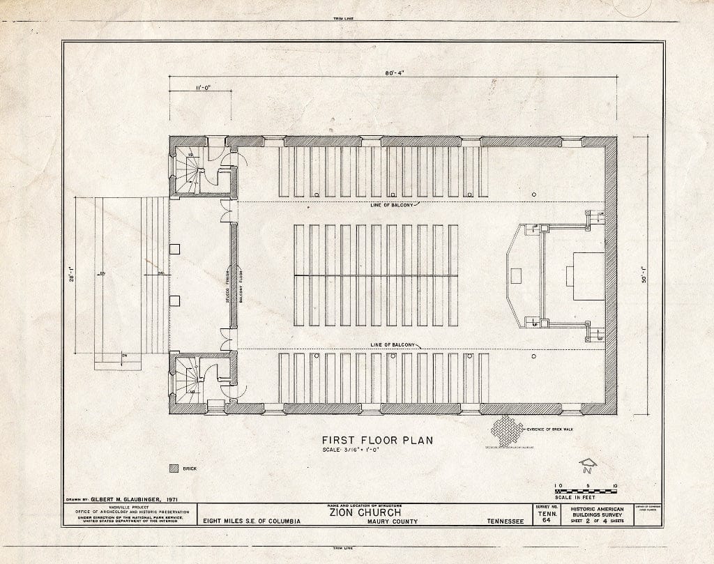Blueprint HABS Tenn,60-COLUM.V,3- (Sheet 2 of 4) - Zion Church (Presbyterian), State Route 1, Columbia, Maury County, TN