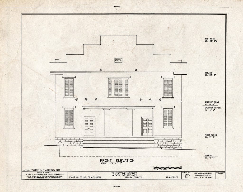 Blueprint HABS Tenn,60-COLUM.V,3- (Sheet 3 of 4) - Zion Church (Presbyterian), State Route 1, Columbia, Maury County, TN