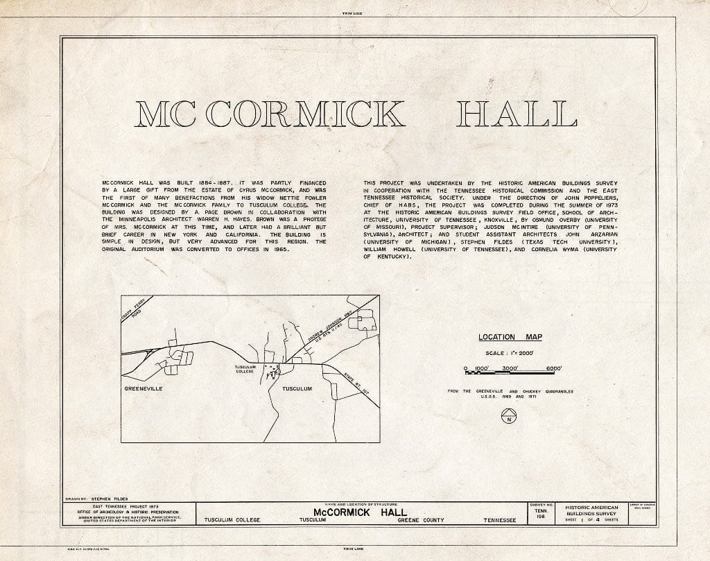 Blueprint HABS Tenn,30-TUSC,2B- (Sheet 1 of 4) - Tusculum College, McCormick Hall, State Route 107, Greeneville Vicinity, Tusculum, Greene County, TN