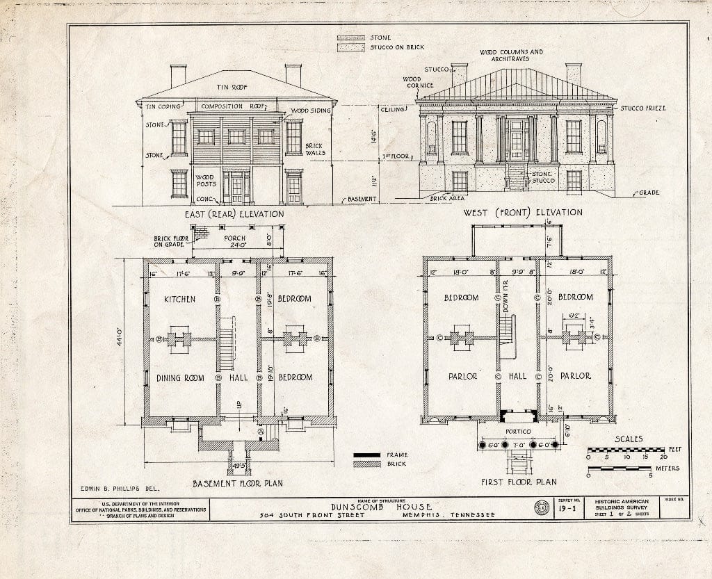 Blueprint HABS Tenn,79-MEMPH,1- (Sheet 1 of 2) - Dunscomb House, 584 South Front Street, Memphis, Shelby County, TN