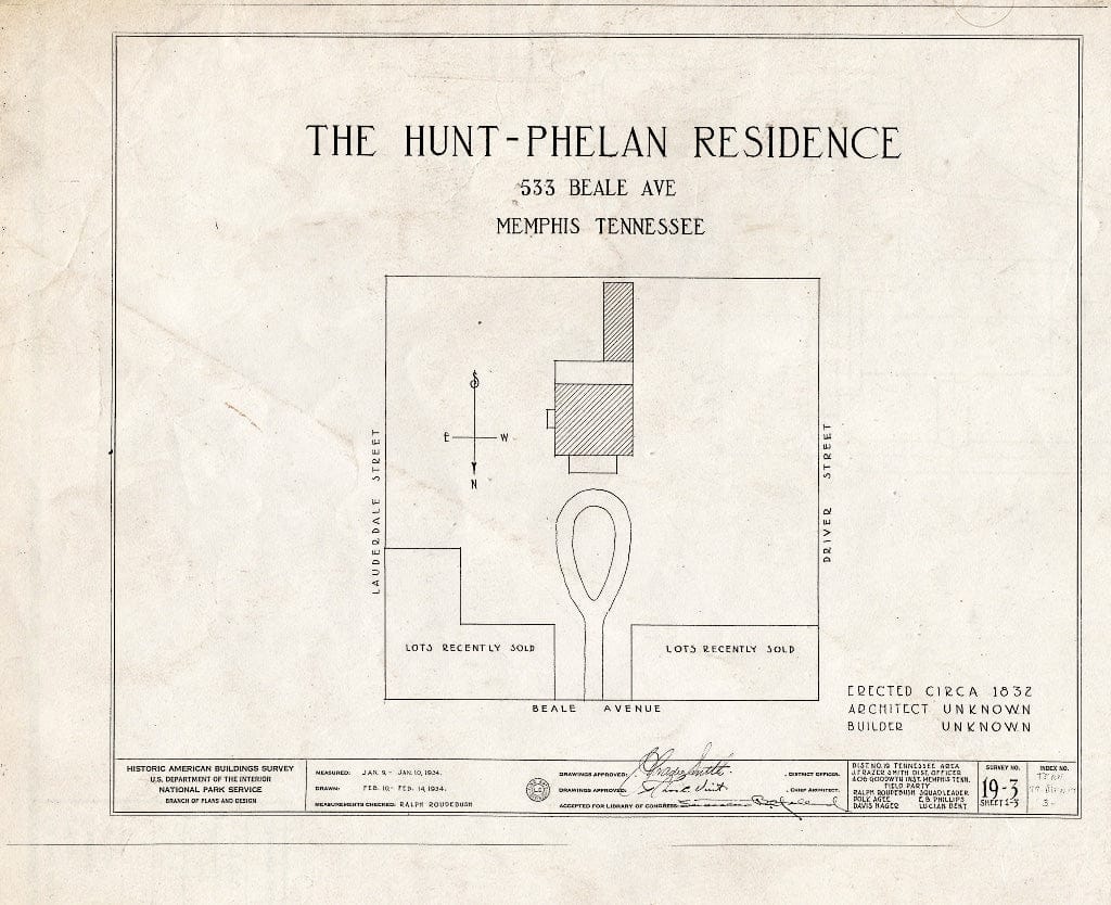 Blueprint HABS Tenn,79-MEMPH,3- (Sheet 0 of 3) - Driver-Hunt-Phelan House, 533 Beale Avenue, Memphis, Shelby County, TN