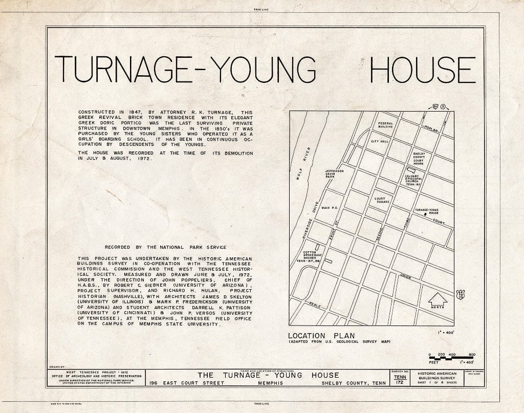 Blueprint HABS Tenn,79-MEMPH,16- (Sheet 1 of 6) - Turnage-Young House, 196 East Court Street, Memphis, Shelby County, TN