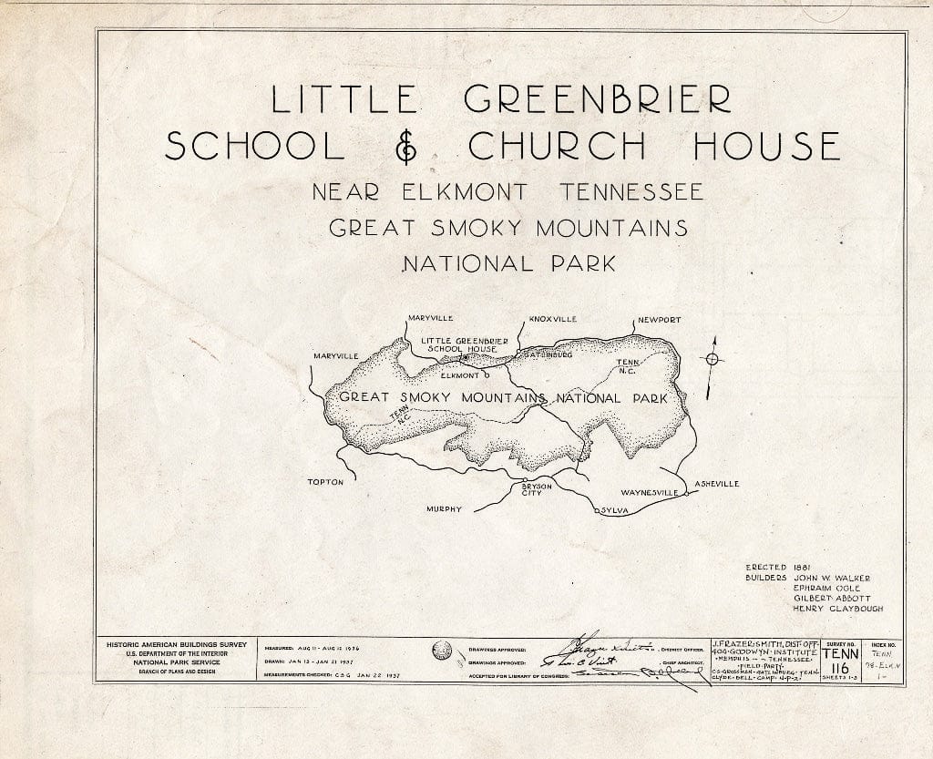 Blueprint HABS Tenn,78-ELK.V,1- (Sheet 0 of 3) - Little Greenbrier School & Church House, Wear Valley, Sevier County, TN