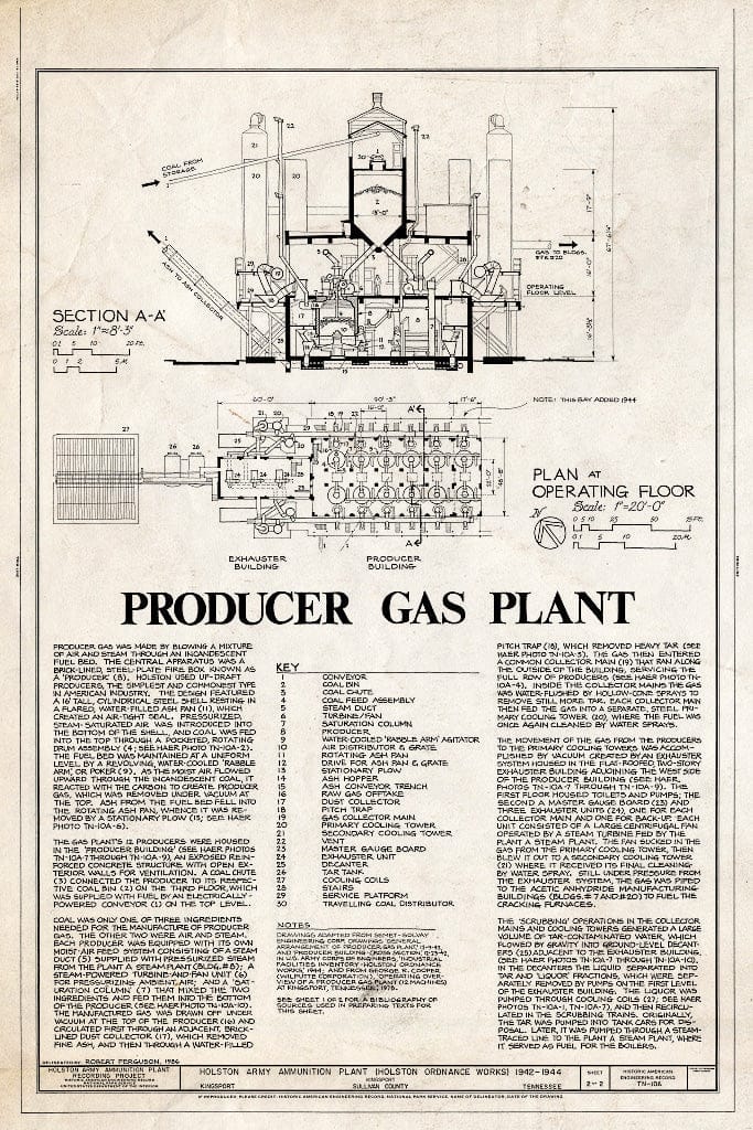 Blueprint Producer Gas Plant, Section A-A and Plan at Operating Floor - Holston Army Ammunition Plant, Producer Gas Plant, Kingsport, Sullivan County, TN