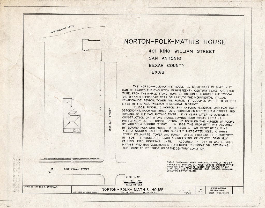 Blueprint HABS TEX,15-SANT,33- (Sheet 1 of 12) - Norton-Polk-Mathis House, 401 King William Street, San Antonio, Bexar County, TX