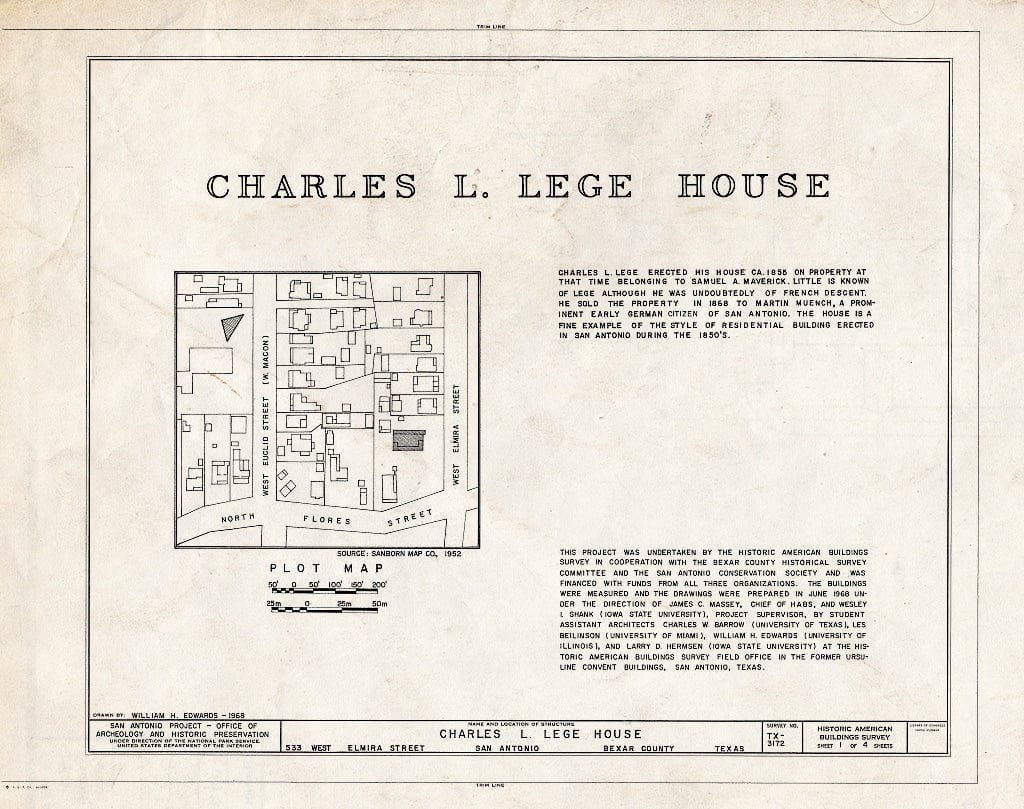 Blueprint HABS TEX,15-SANT,40- (Sheet 1 of 4) - Charles L. Lege House, 533 West Elmira Street, San Antonio, Bexar County, TX