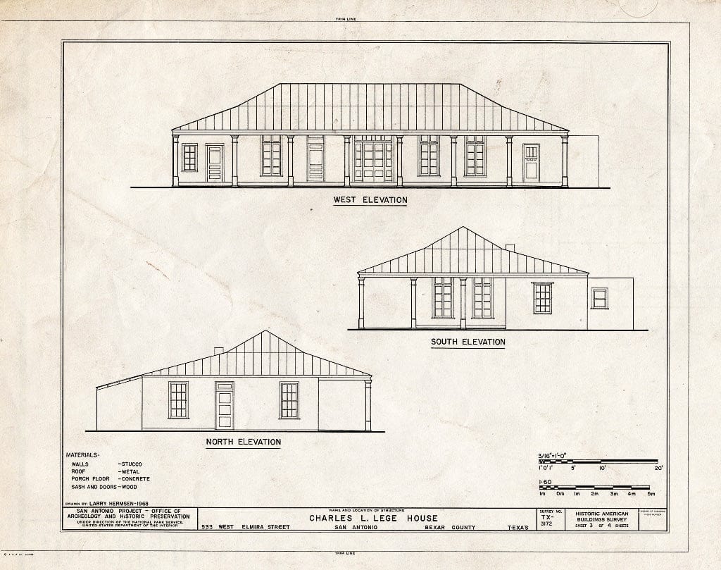 Blueprint HABS TEX,15-SANT,40- (Sheet 3 of 4) - Charles L. Lege House, 533 West Elmira Street, San Antonio, Bexar County, TX