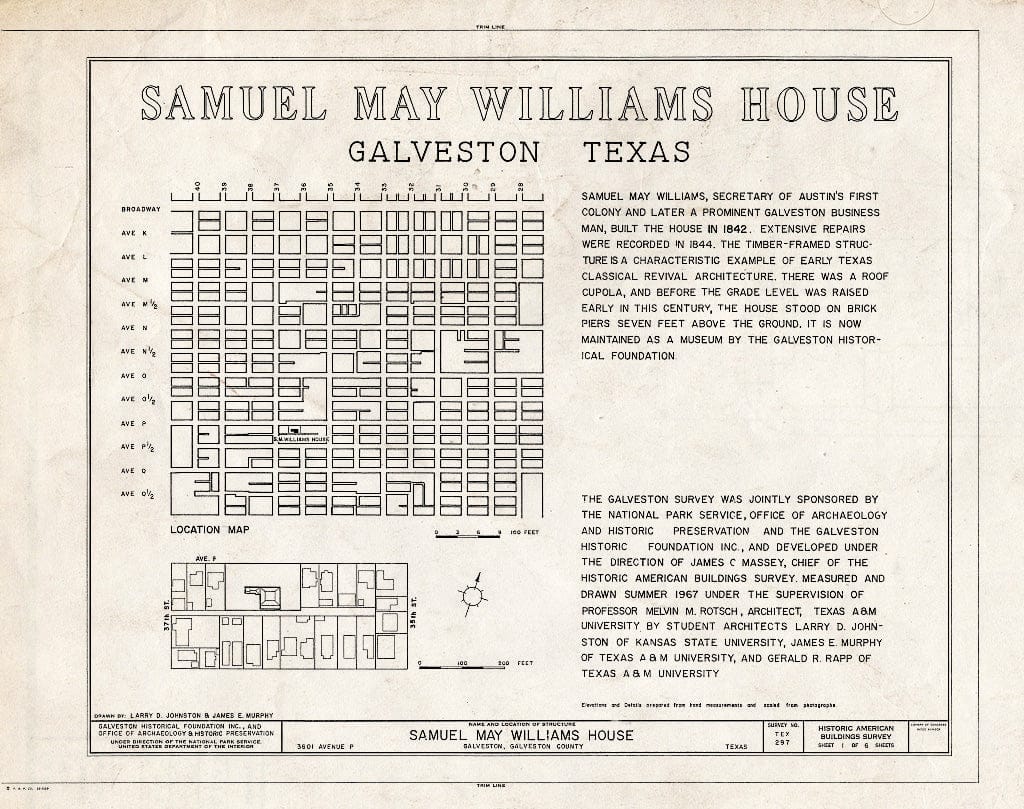 Blueprint HABS TEX,84-GALV,42- (Sheet 1 of 6) - Williams-Tucker House, 3601 Avenue P, Galveston, Galveston County, TX