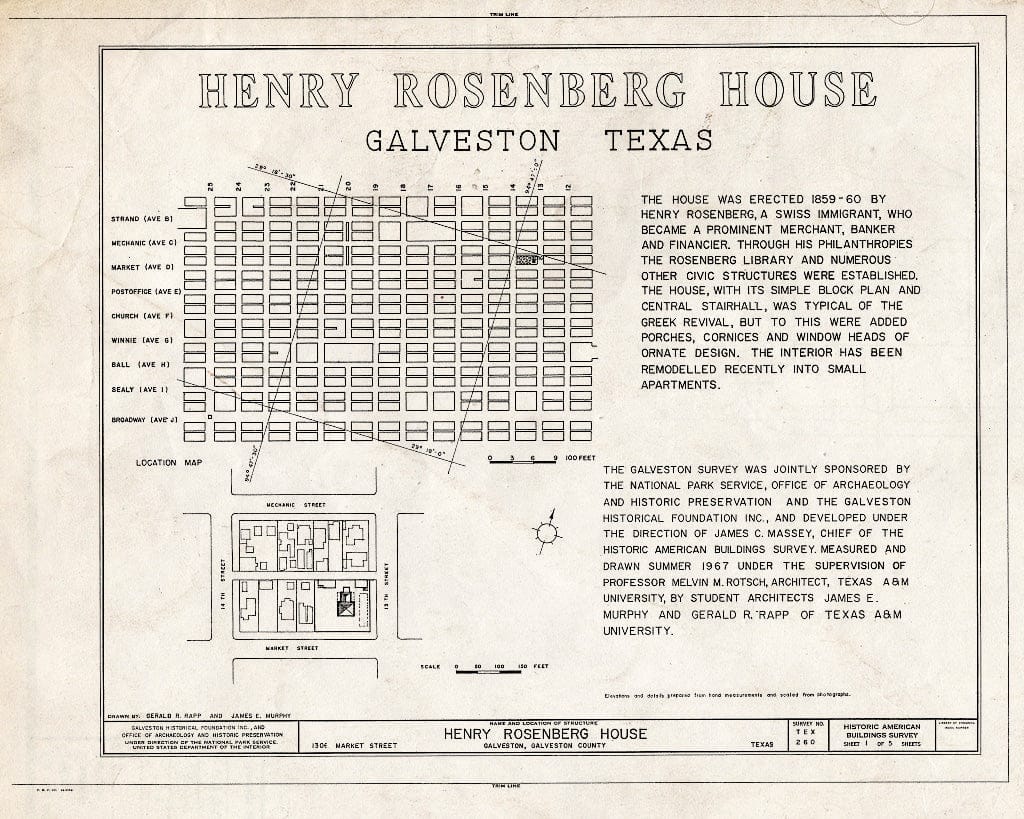 Blueprint HABS TEX,84-GALV,13- (Sheet 1 of 5) - Henry Rosenberg House, 1306 Market Street, Galveston, Galveston County, TX