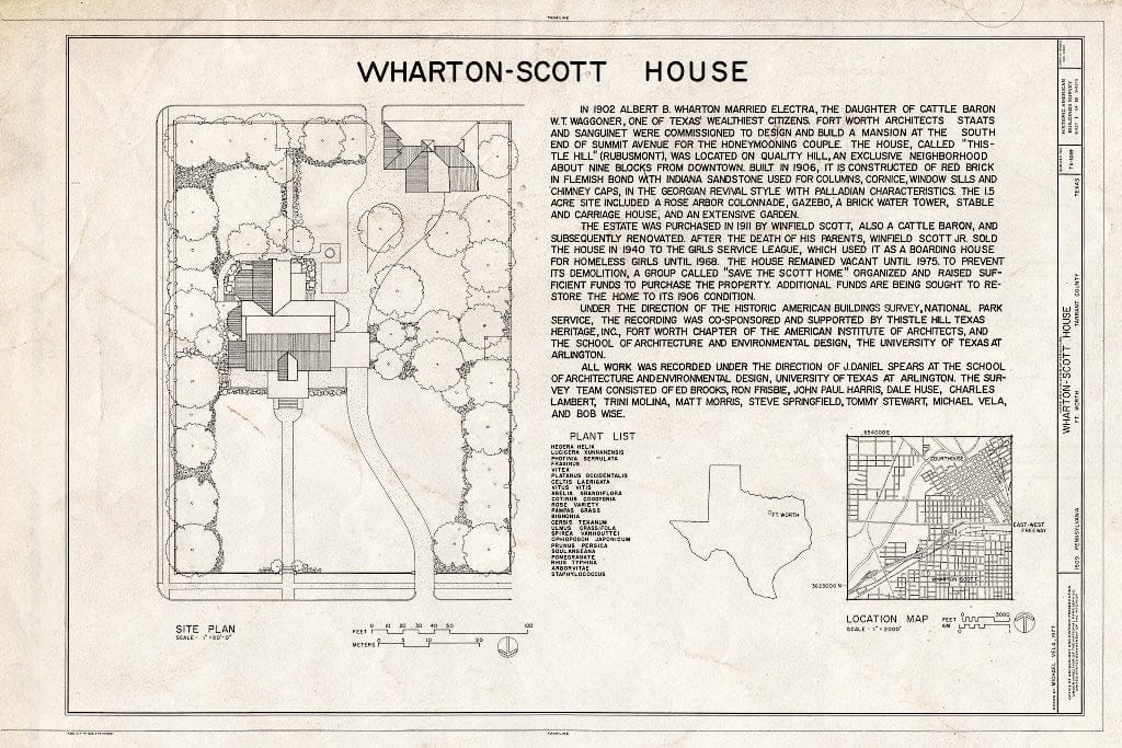 Blueprint HABS TEX,220-FOWOR,2- (Sheet 1 of 19) - Wharton-Scott House, 1509 Pennsylvania Street, Fort Worth, Tarrant County, TX