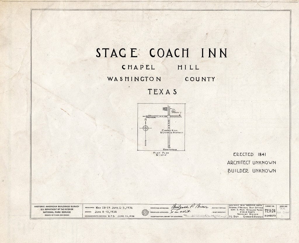 Blueprint HABS TEX,239-CHAP,1- (Sheet 0 of 5) - Stage Coach Tavern, Farm Road 1155 at Farm Road 2447, Chappell Hill, Washington County, TX