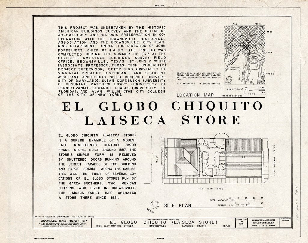 Blueprint HABS TEX,31-Brown,7- (Sheet 1 of 4) - El Globo Chiquito, 1054 East Monroe Street, Brownsville, Cameron County, TX