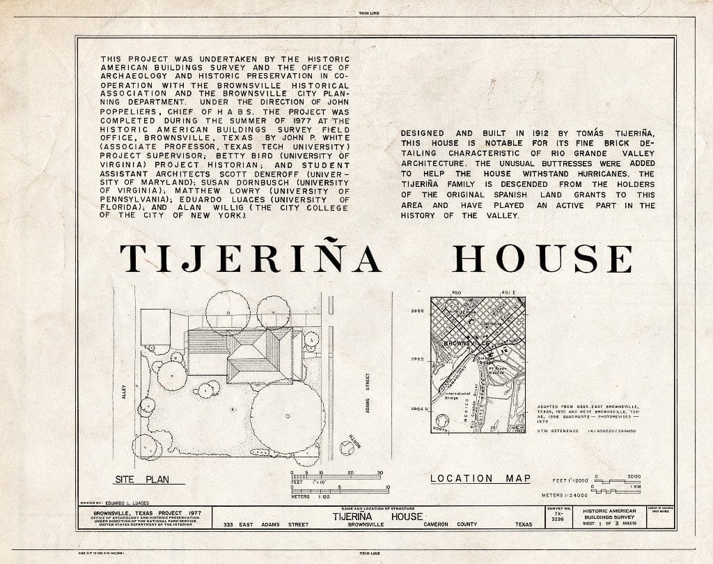 Blueprint HABS TEX,31-Brown,17- (Sheet 1 of 3) - Tomas Tijerina House, 333 East Adams Street, Brownsville, Cameron County, TX