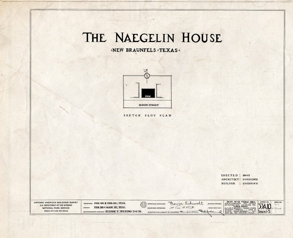 Blueprint HABS TEX,46-NEBRA,1- (Sheet 0 of 3) - Klein-Naegelin House, 511 South Seguin Avenue, New Braunfels, Comal County, TX