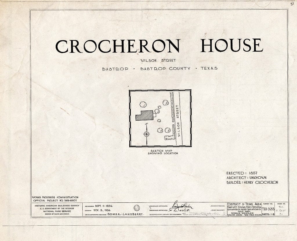 Blueprint HABS TEX,11-Bast,3- (Sheet 0 of 8) - Henry Crocheron House, 1502 Wilson Street, Bastrop, Bastrop County, TX