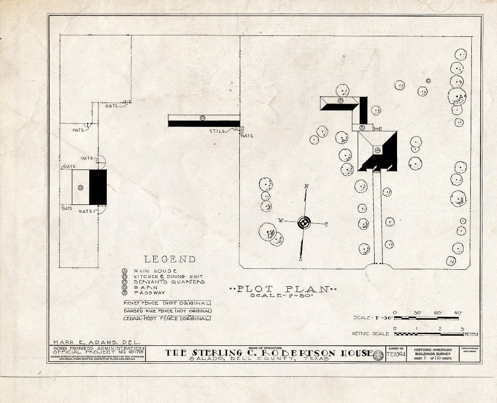 Blueprint HABS TEX,14-SALA,1- (Sheet 1 of 16) - E. Sterling C. Robertson Plantation House, West Access Road, I-35 Vicinity, Salado, Bell County, TX