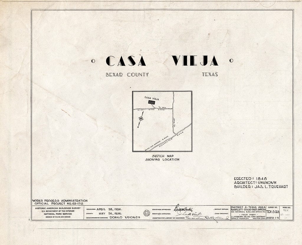 Blueprint HABS TEX,15-,1- (Sheet 0 of 5) - Casa Vieja, Blue Wing Road, San Antonio, Bexar County, TX