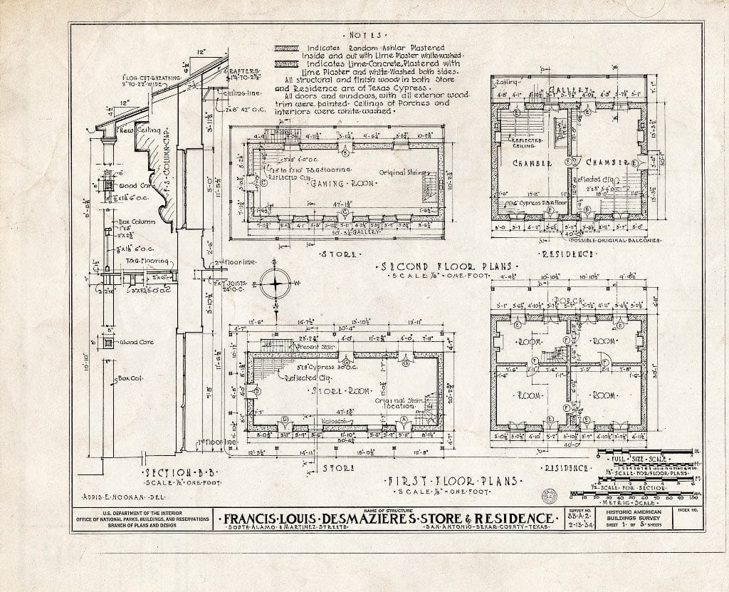 Blueprint HABS TEX,15-SANT,2- (Sheet 1 of 5) - Francis Louis des Mazieres Store Building & House, Martinez & South Alamo Streets, San Antonio, Bexar County, TX