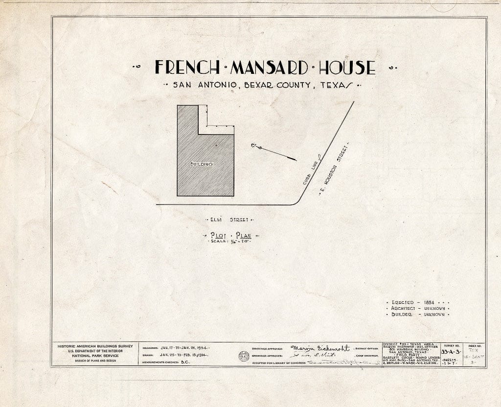 Blueprint HABS TEX,15-SANT,3- (Sheet 0 of 7) - Dr. D. B. F. Kingsley House, 408 Elm Street, San Antonio, Bexar County, TX