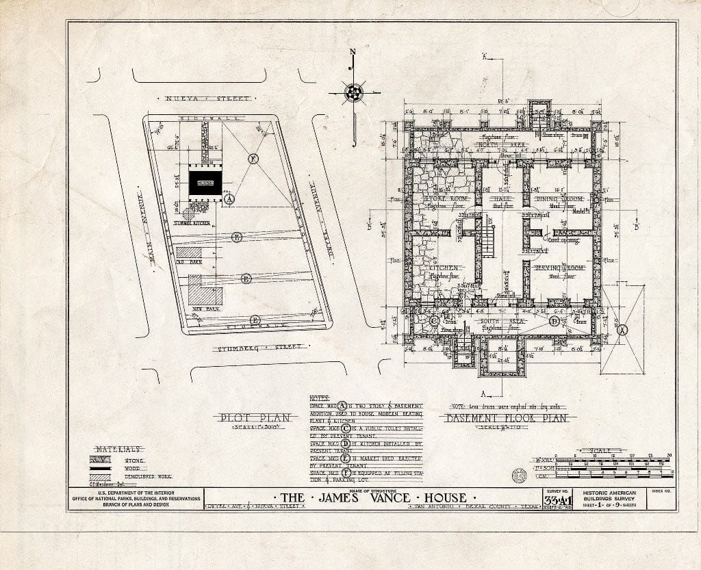 Blueprint HABS TEX,15-SANT,1- (Sheet 1 of 9) - James Vance House, San Antonio, Bexar County, TX