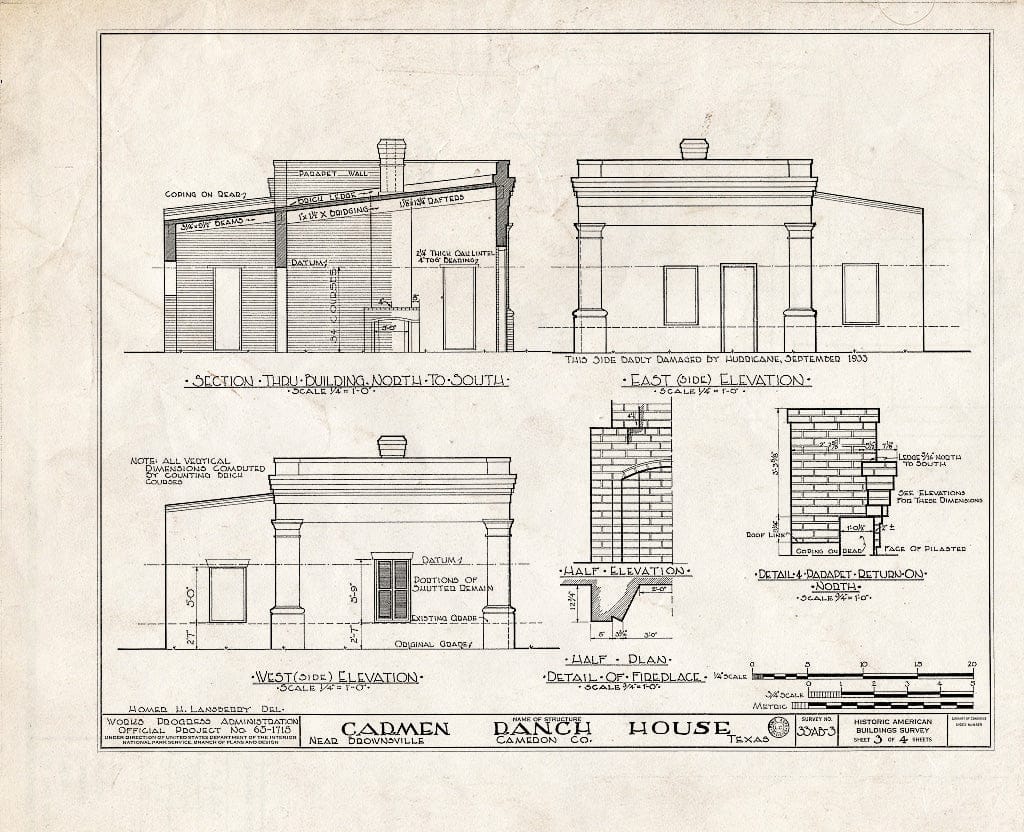 Blueprint HABS TEX,31-Brown.V,1- (Sheet 3 of 4) - Carmen Ranch House, Rio Grande Vicinity, Brownsville, Cameron County, TX