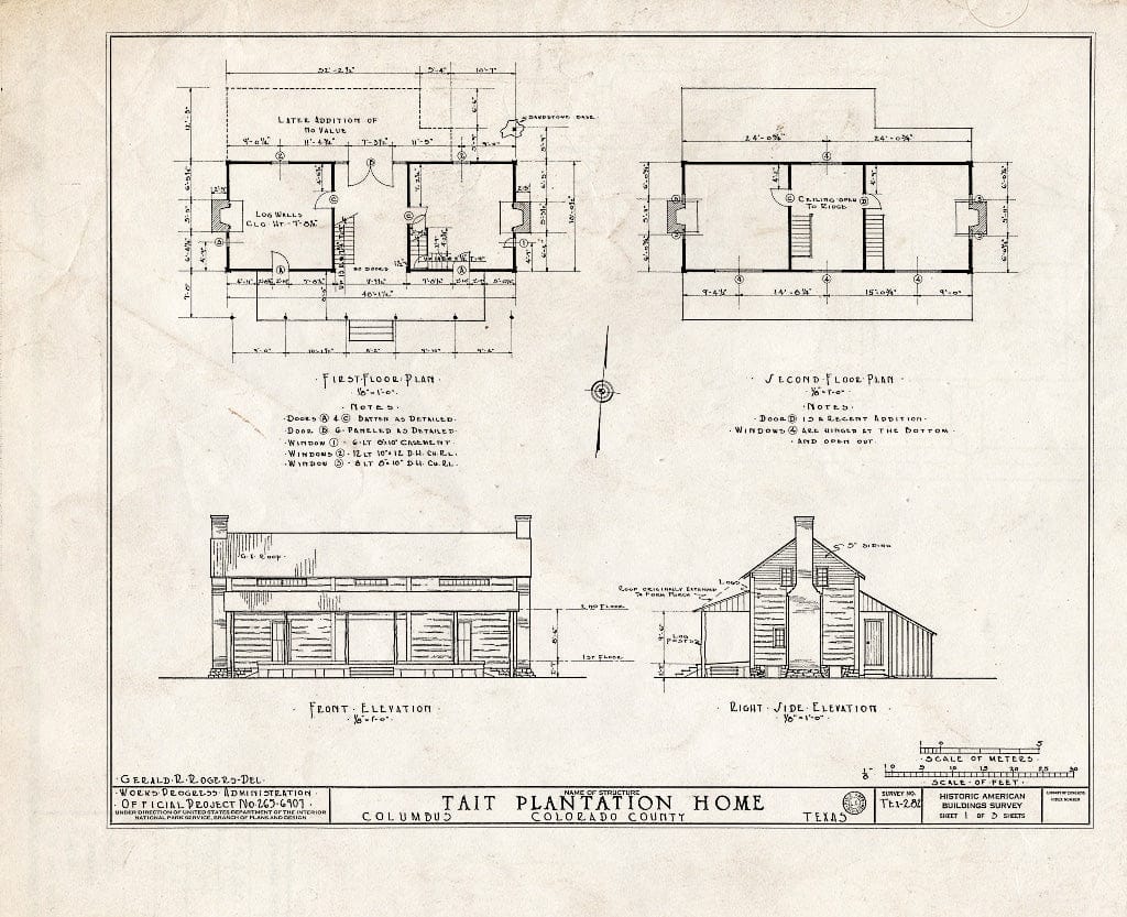 Blueprint HABS TEX,45-COLUM.V,1- (Sheet 1 of 3) - Dr. Charles W. Tait Plantation House, Route 71 Vicinity, Columbus, Colorado County, TX