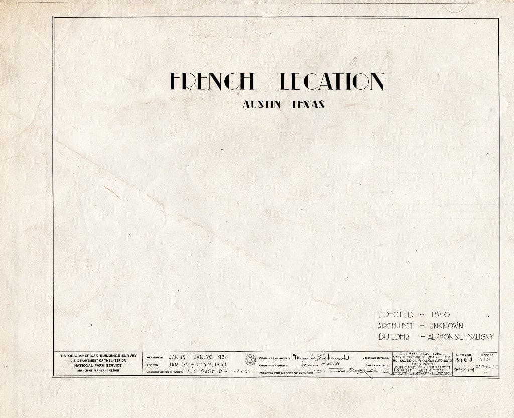 Blueprint HABS TEX,227-AUST,1- (Sheet 0 of 4) - French Legation to Republic of Texas, Seventh & San Marcos Streets, Austin, Travis County, TX