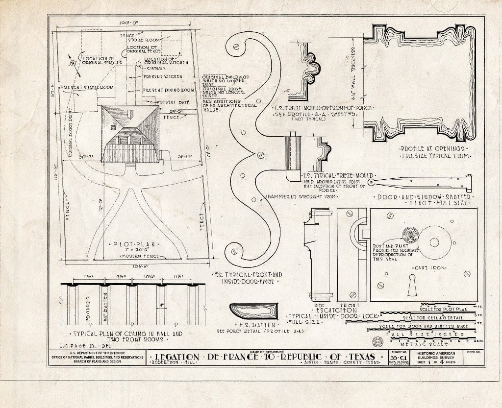 Blueprint HABS TEX,227-AUST,1- (Sheet 1 of 4) - French Legation to Republic of Texas, Seventh & San Marcos Streets, Austin, Travis County, TX