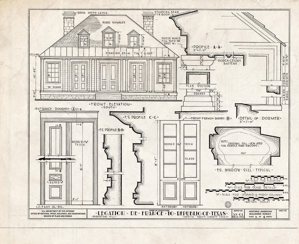 Blueprint HABS TEX,227-AUST,1- (Sheet 3 of 4) - French Legation to Republic of Texas, Seventh & San Marcos Streets, Austin, Travis County, TX