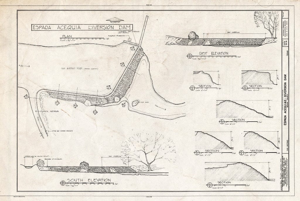 Blueprint HAER TEX,15-SANT.V,4B- (Sheet 1 of 1) - Espada Acequia, Diversion Dam, San Antonio River, Military Drive Vicinity, San Antonio, Bexar County, TX