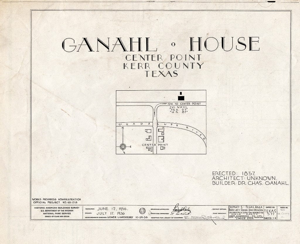 Blueprint HABS TEX,133-CENPO,1- (Sheet 0 of 5) - Dr. Charles Ganahl House, Historic Marker at site on Texas Route 27, Center Point, Kerr County, TX