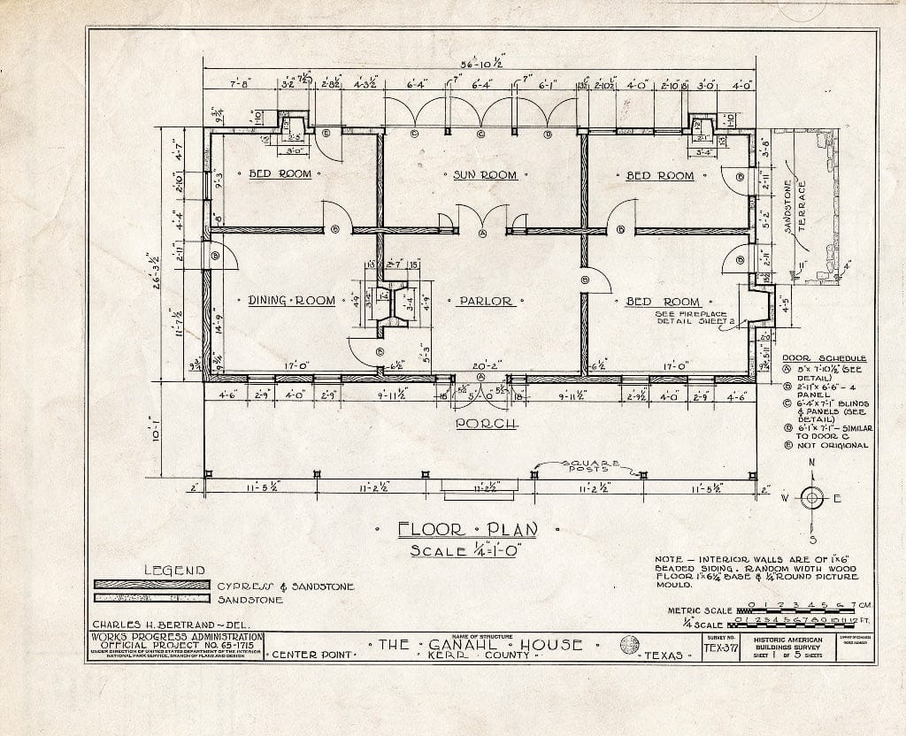 Blueprint HABS TEX,133-CENPO,1- (Sheet 1 of 5) - Dr. Charles Ganahl House, Historic Marker at site on Texas Route 27, Center Point, Kerr County, TX