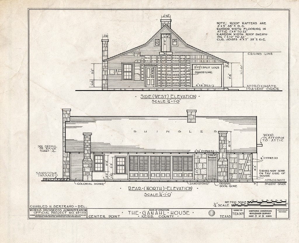 Blueprint HABS TEX,133-CENPO,1- (Sheet 3 of 5) - Dr. Charles Ganahl House, Historic Marker at site on Texas Route 27, Center Point, Kerr County, TX