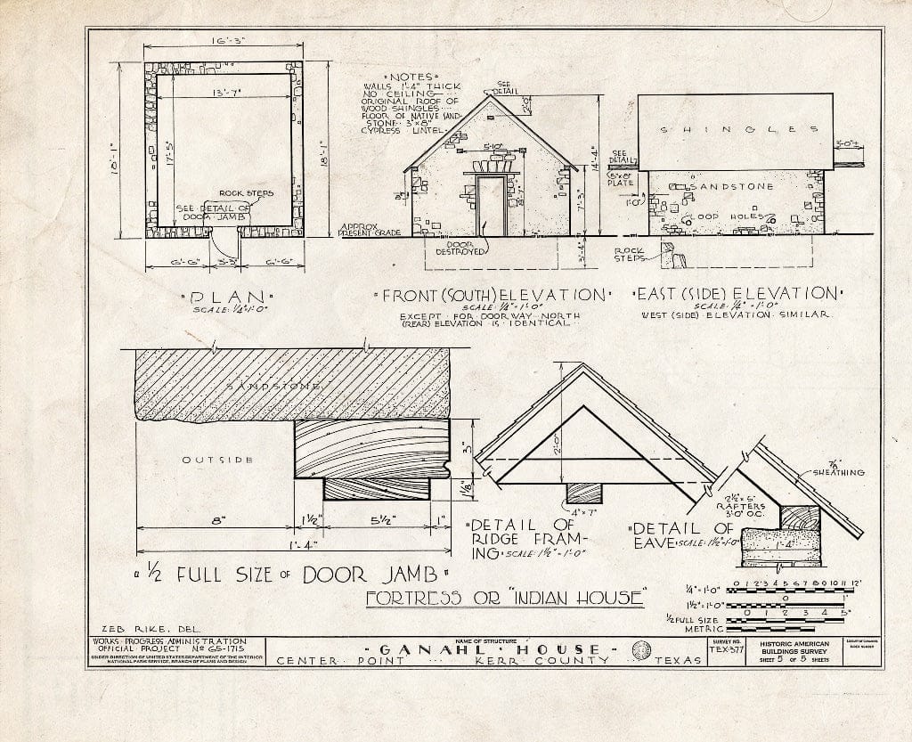 Blueprint HABS TEX,133-CENPO,1- (Sheet 5 of 5) - Dr. Charles Ganahl House, Historic Marker at site on Texas Route 27, Center Point, Kerr County, TX