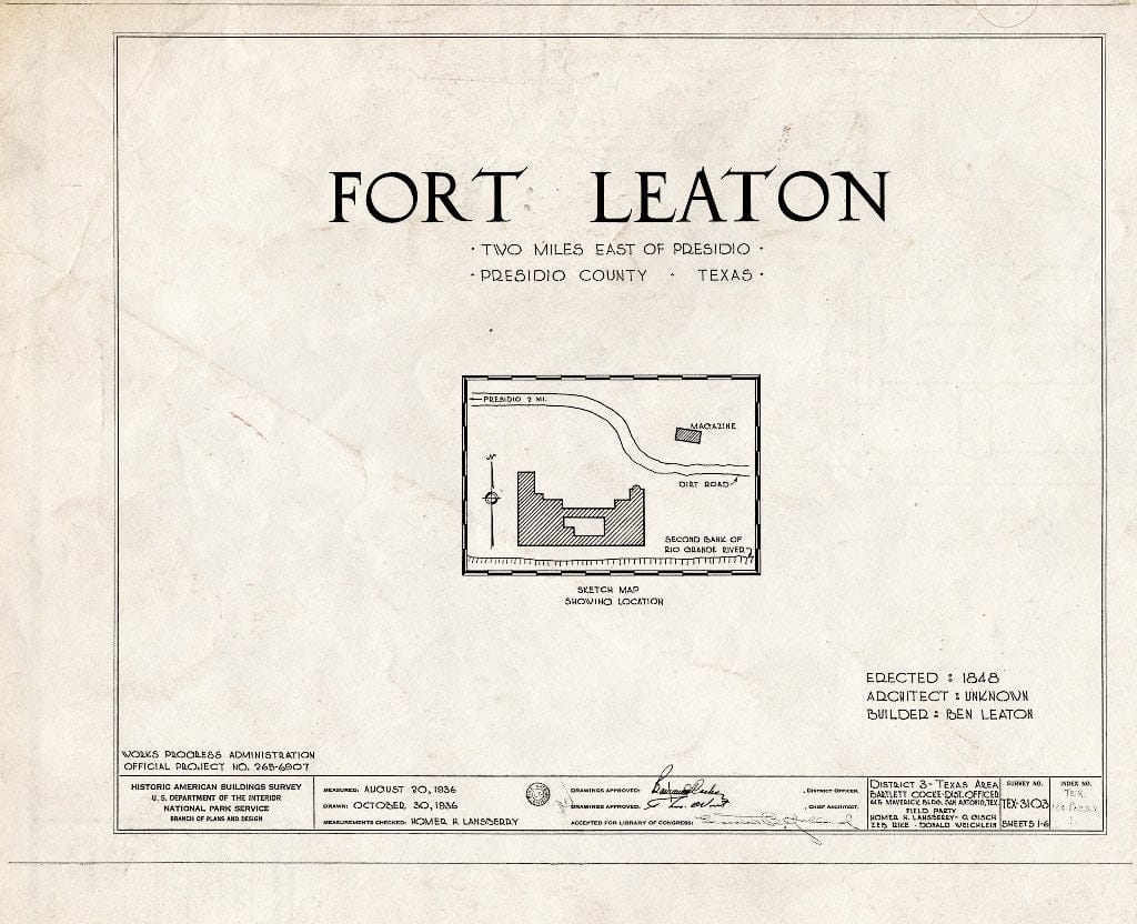 Blueprint HABS TEX,189-PRES.V,1- (Sheet 0 of 6) - Fort Leaton, Southeast of Presidio Between Farm Road 170 & Rio Grande, Presidio, Presidio County, TX