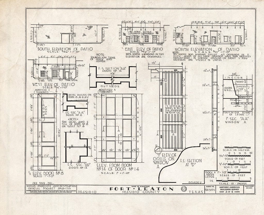 Blueprint HABS TEX,189-PRES.V,1- (Sheet 3 of 6) - Fort Leaton, Southeast of Presidio Between Farm Road 170 & Rio Grande, Presidio, Presidio County, TX