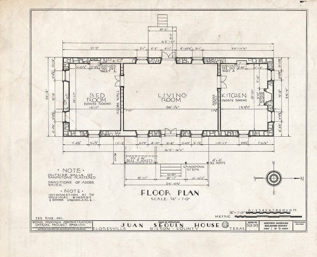 Blueprint HABS TEX,247-FLOVI.V,1- (Sheet 1 of 5) - Juan N. Seguin Ranch House, Northwest of Floresville, Floresville, Wilson County, TX