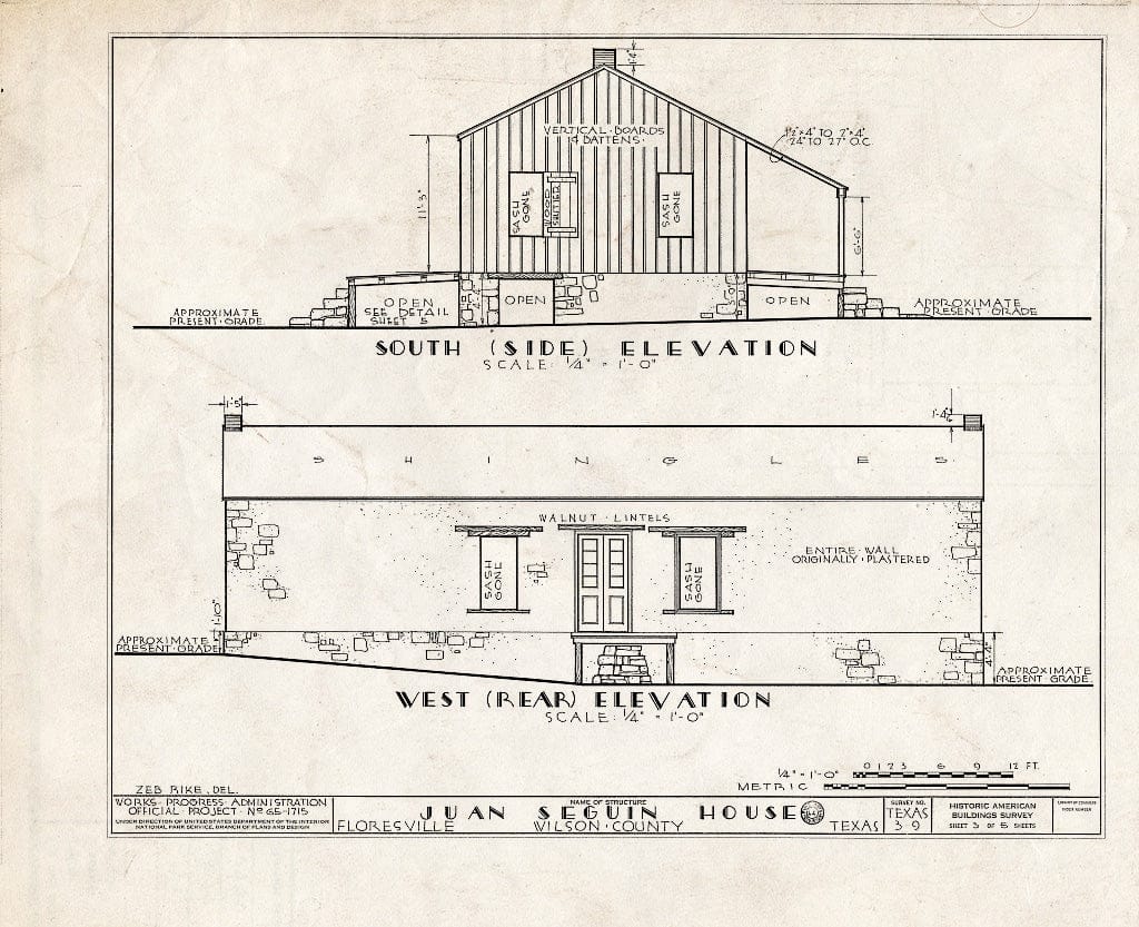 Blueprint HABS TEX,247-FLOVI.V,1- (Sheet 3 of 5) - Juan N. Seguin Ranch House, Northwest of Floresville, Floresville, Wilson County, TX