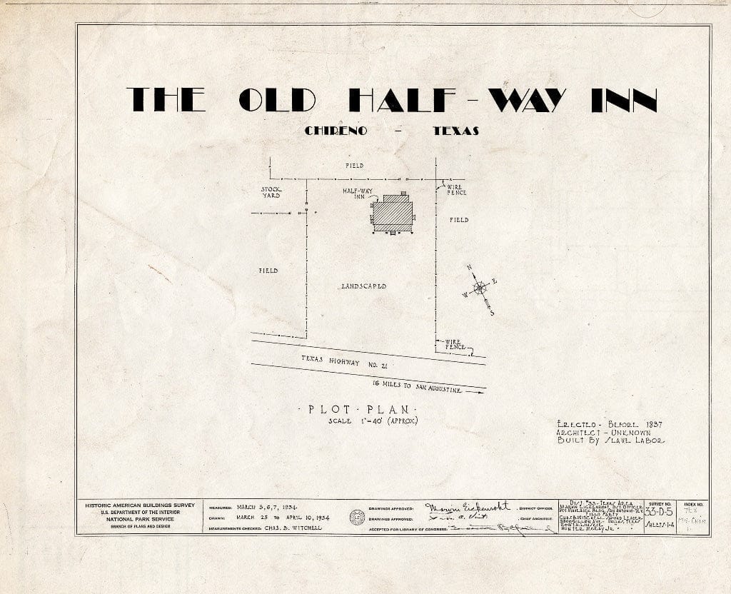 Blueprint HABS TEX,174-CHIR,1- (Sheet 0 of 4) - Old Half-Way Inn, West of Chireno on Texas Route 21, Chireno, Nacogdoches County, TX