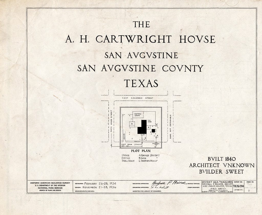 Blueprint HABS TEX,203-SAUG,2- (Sheet 0 of 5) - Matthew Cartwright House, 505 East Main Street, San Augustine, San Augustine County, TX