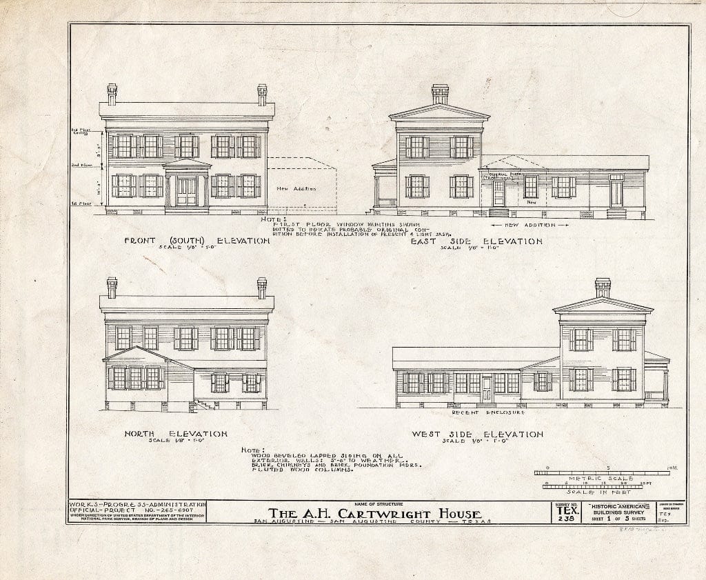 Blueprint HABS TEX,203-SAUG,2- (Sheet 1 of 5) - Matthew Cartwright House, 505 East Main Street, San Augustine, San Augustine County, TX