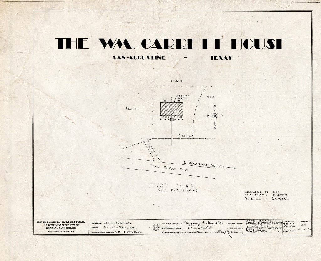 Blueprint HABS TEX,203-SAUG.V,1- (Sheet 0 of 4) - William Garrett Plantation House, Texas Route 21, San Augustine, San Augustine County, TX